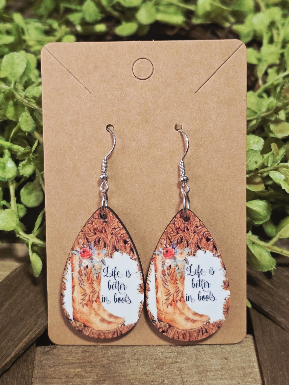 Life Is Better in Boots Teardrop Earrings - Brown Floral Cowboy Design